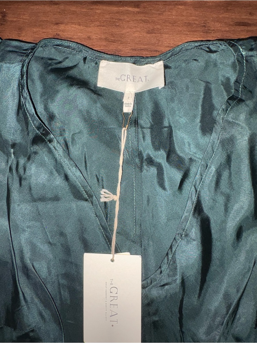 THE GREAT. Dark Green Satin Maxi Dress with Short Puff Sleeves - Picture 8 of 8